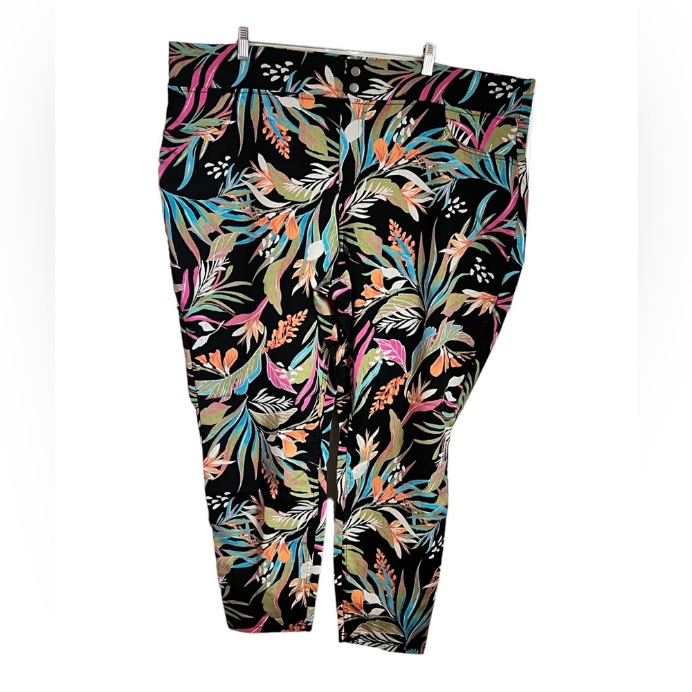 Terra & Sky Black Stretch Pants w/Bright Tropical Flowers Size 3X